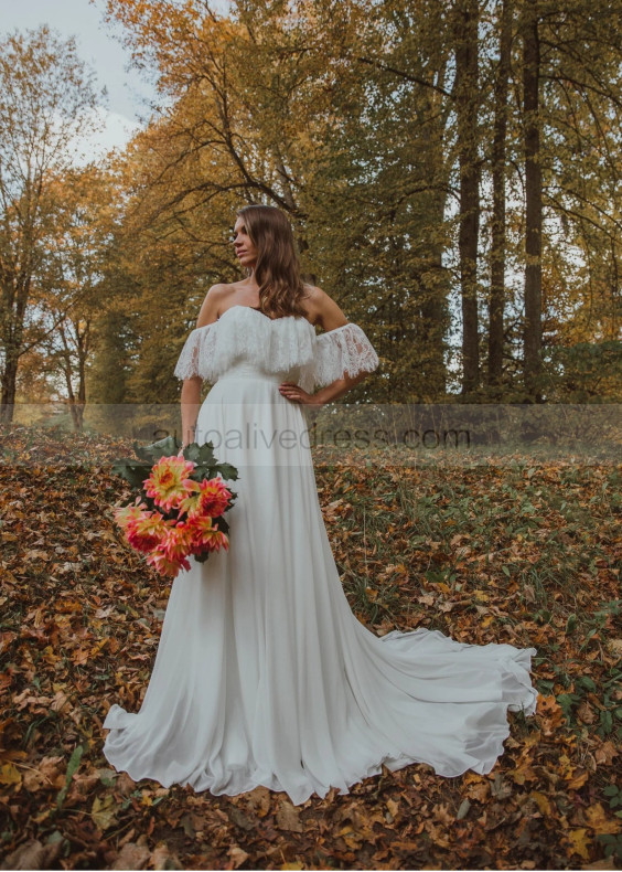 Off Shoulder Ivory Eyelash Lace Chiffon Flowing Wedding Dress